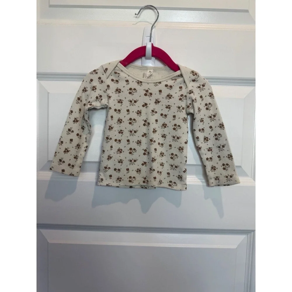 11.Quincy Mae 12-18M Floral Ribbed Long Sleeve Lap Neck Top Cream Brown Organic